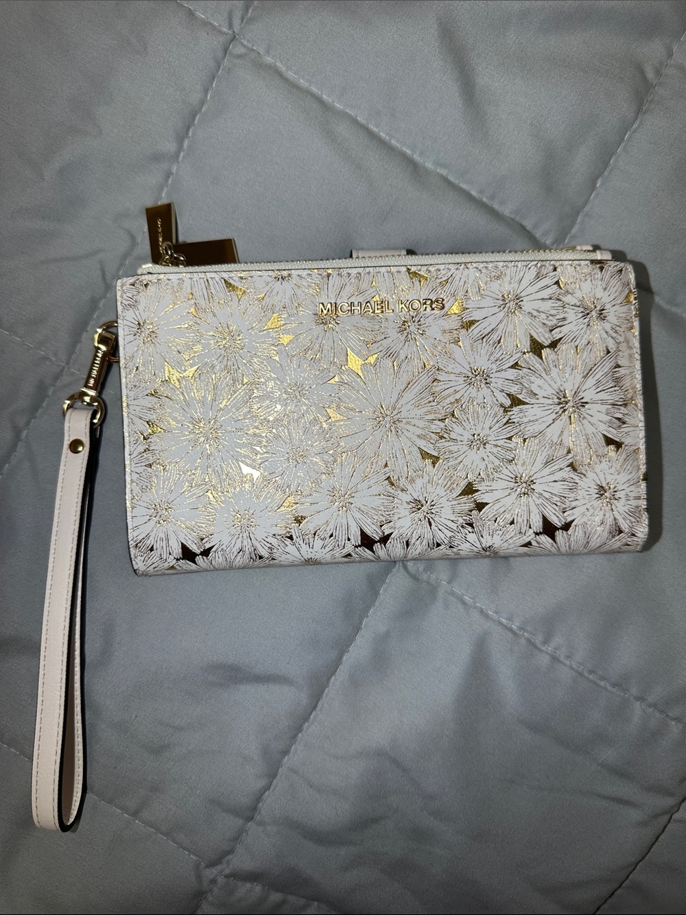 Michael Kors White Wristlet with Gold Floral Accents